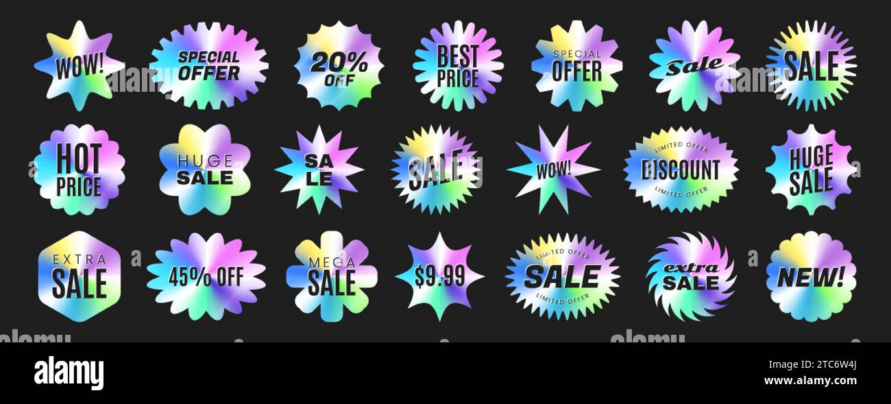 Ensemble d'autocollants holographiques irisés de prix de différentes formes. Badges Sunburst, étiquettes de vente Starburst, étiquettes promotionnelles ou éléments. Emblèmes brillants arc-en-ciel hologramme pour la vente au détail. Illustration vectorielle. Illustration de Vecteur