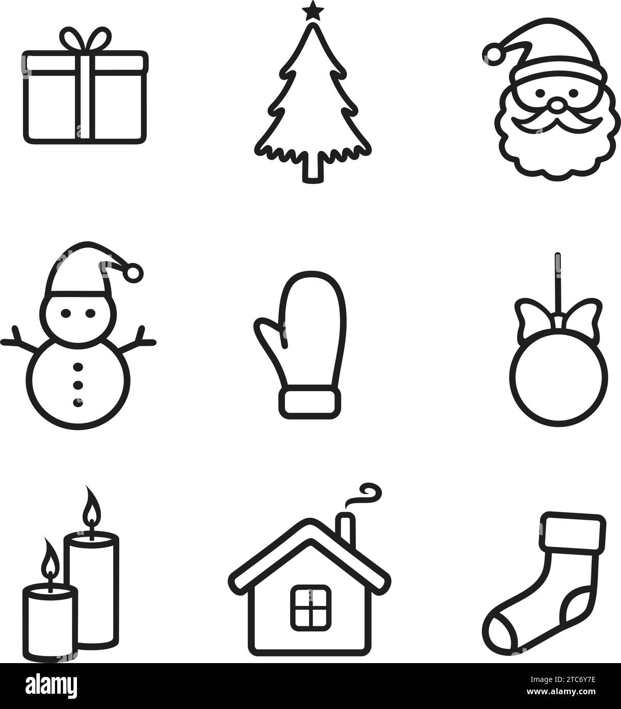 Icône de la ligne d'éléments de design de Noël. Boule avec arc, sapin, boîte-cadeau, bougie, Père Noël, mitaine, bonhomme de neige, chaussette, maison. Ensemble d'accessoires pour les fêtes. Ha Illustration de Vecteur