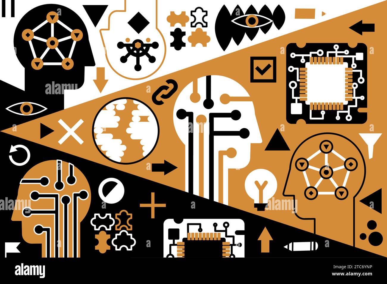 Affiche pop art géométrique ai dans des couleurs Boho avec silhouette de visage humain, microcircuits, topologie de puces informatiques et microprocesseurs. Modèle pour Illustration de Vecteur