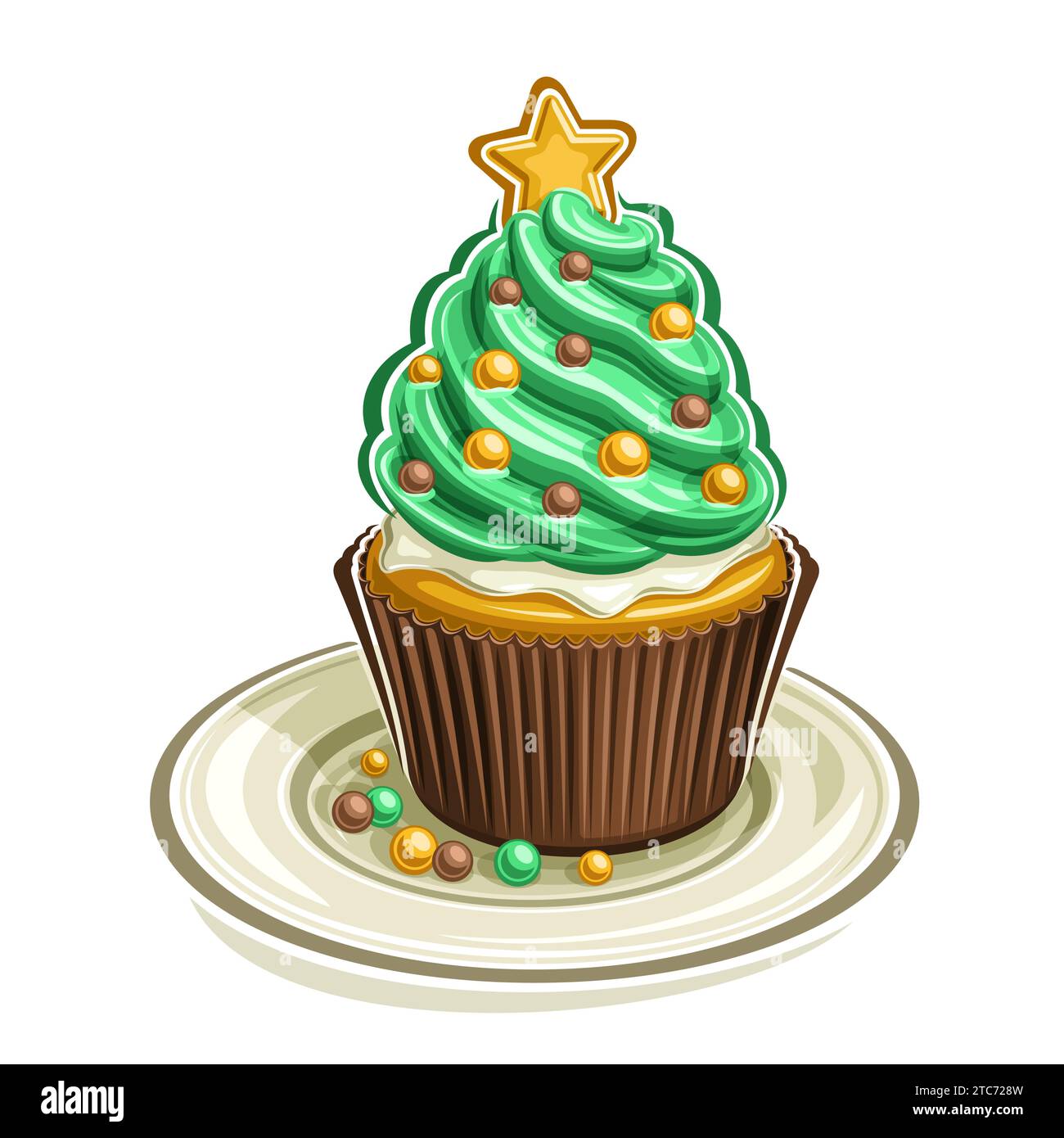 Logo vectoriel pour cupcake de Noël, affiche carrée avec illustration de cupcake maison en costume brun avec crème torsadée, boule de noël dorée décorée Illustration de Vecteur