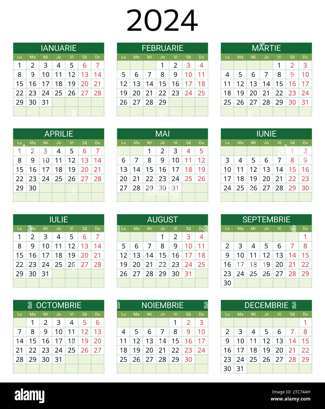calendrier roumain 2025. Illustration vectorielle imprimable et éditable pour la Roumanie et la 