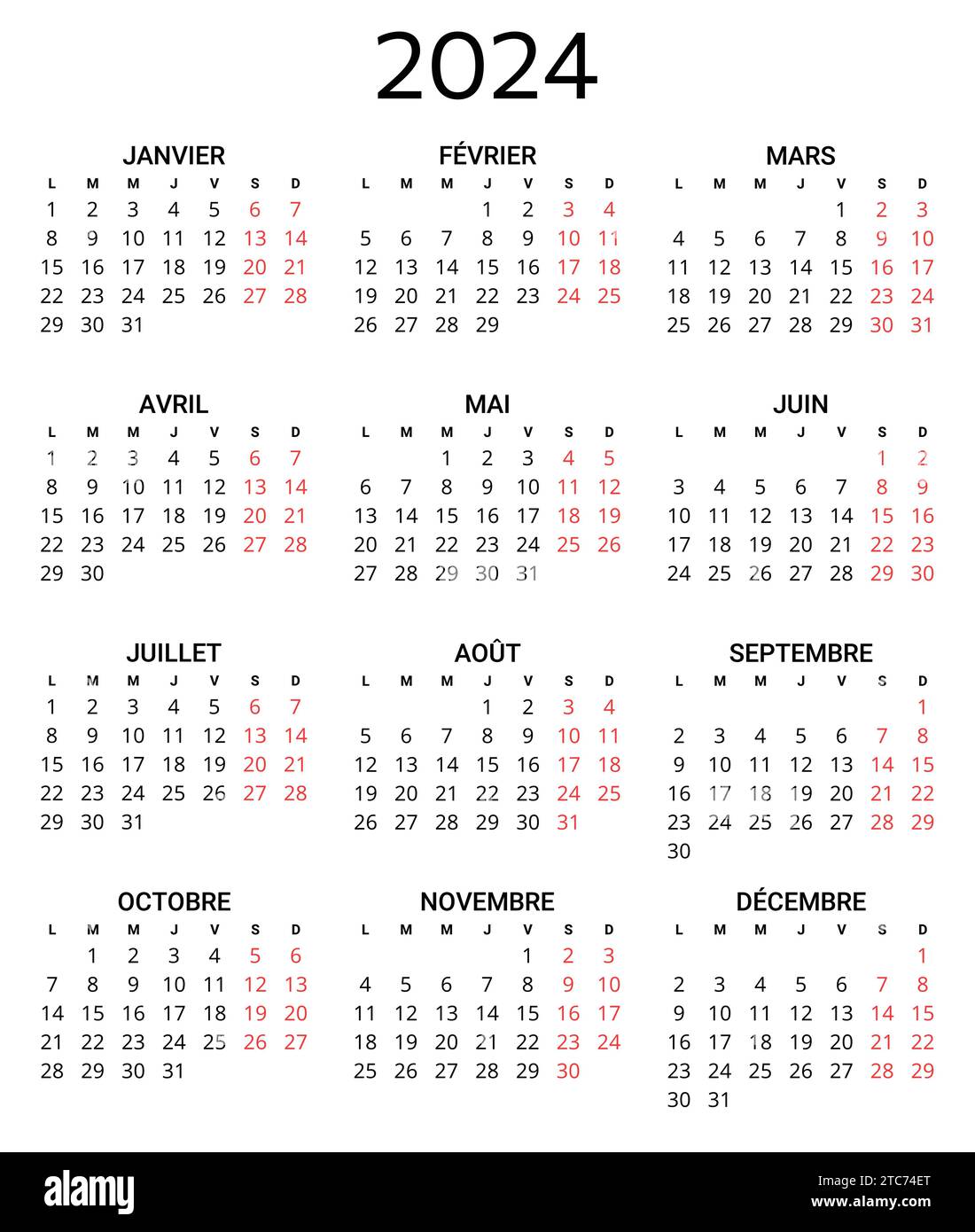 calendrier français 2024. Illustration vectorielle imprimable et ...