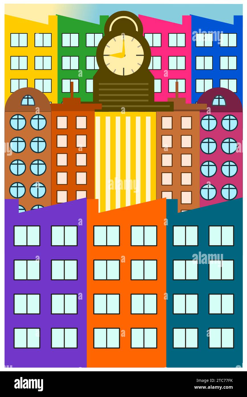 La ville des grandes maisons colorées et au milieu une tour de l'horloge jaune Illustration de Vecteur