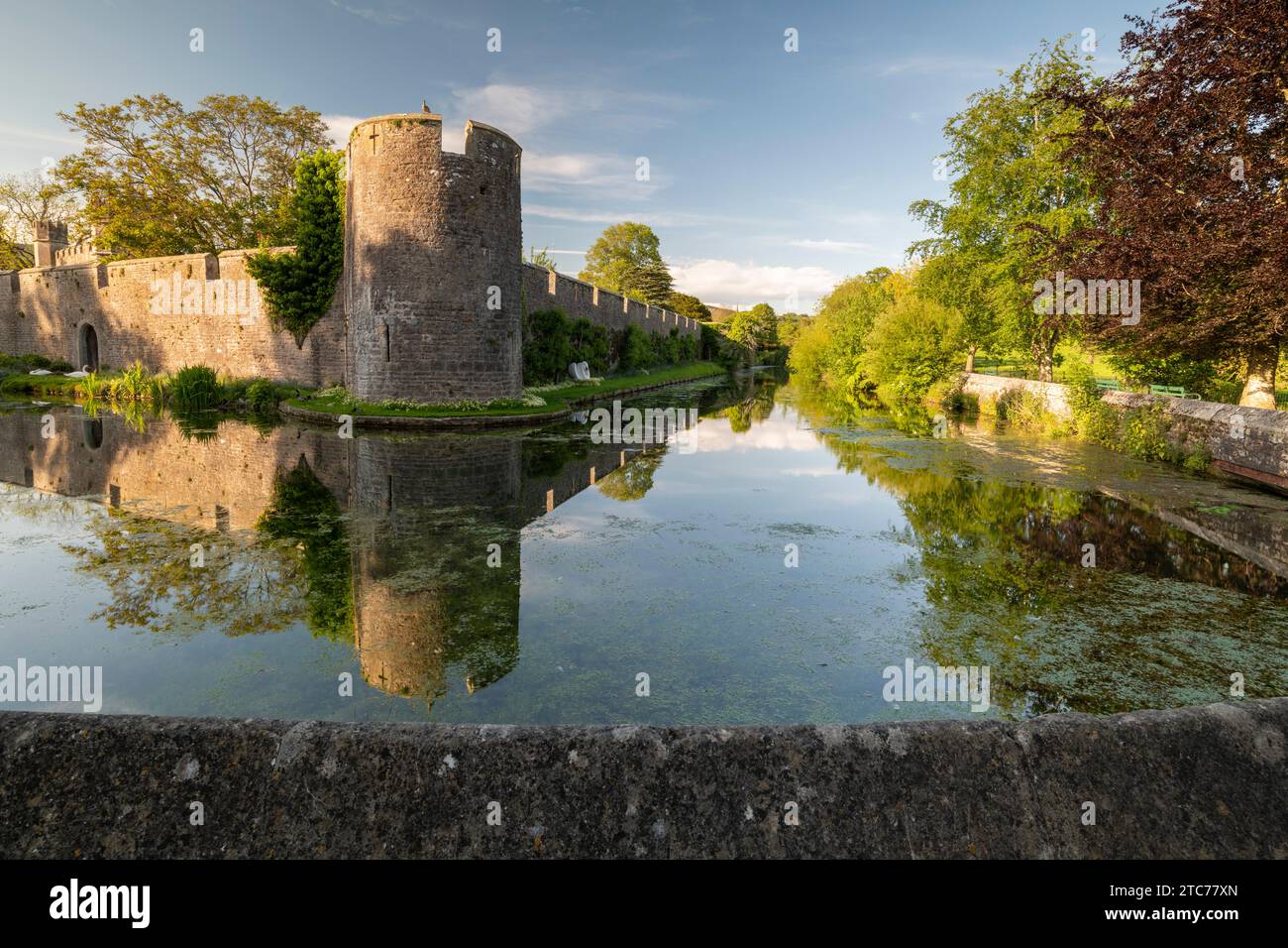 Le palais épiscopal se reflète dans ses douves, Wells, Somerset, Angleterre. Printemps (mai) 2019. Banque D'Images