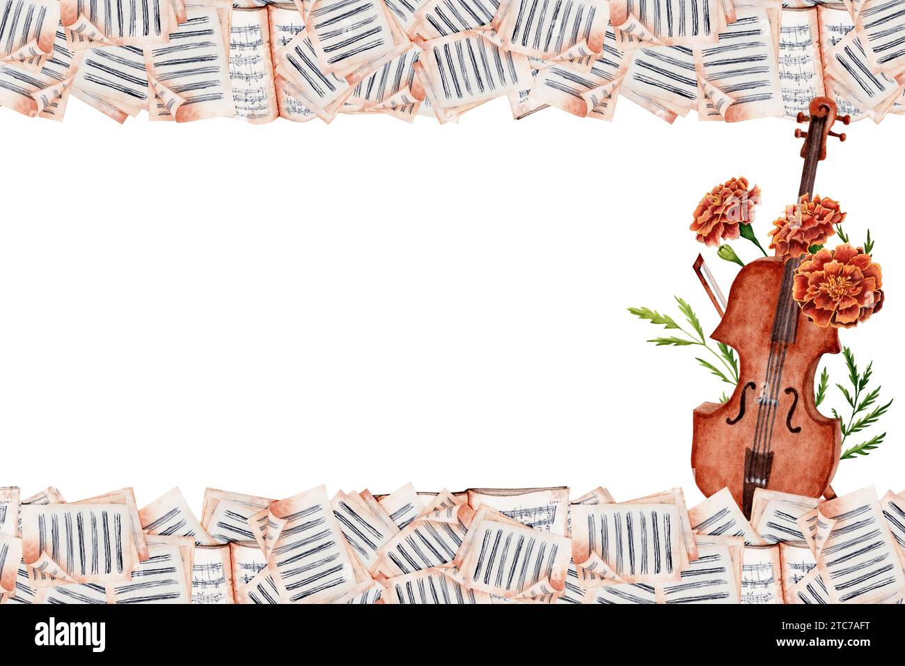 Violon, Bow, Illustration d'aquarelle de partitions avec des fleurs de Marigold. Affiche de musique classique, carte, flyer, conception de certificat. Espace pour votre texte. Banque D'Images