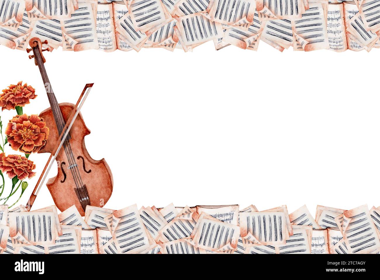 Violon, Bow, Illustration d'aquarelle de partitions avec des fleurs de Marigold. Affiche de musique classique, carte, flyer, conception de certificat. Espace pour votre texte. Banque D'Images