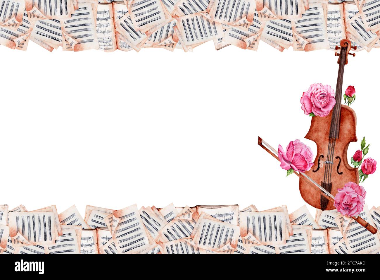 Violon, Bow, Illustration d'aquarelle de partitions avec des fleurs roses. Affiche de musique classique, carte, flyer, conception de certificat. Espace pour votre texte. Banque D'Images