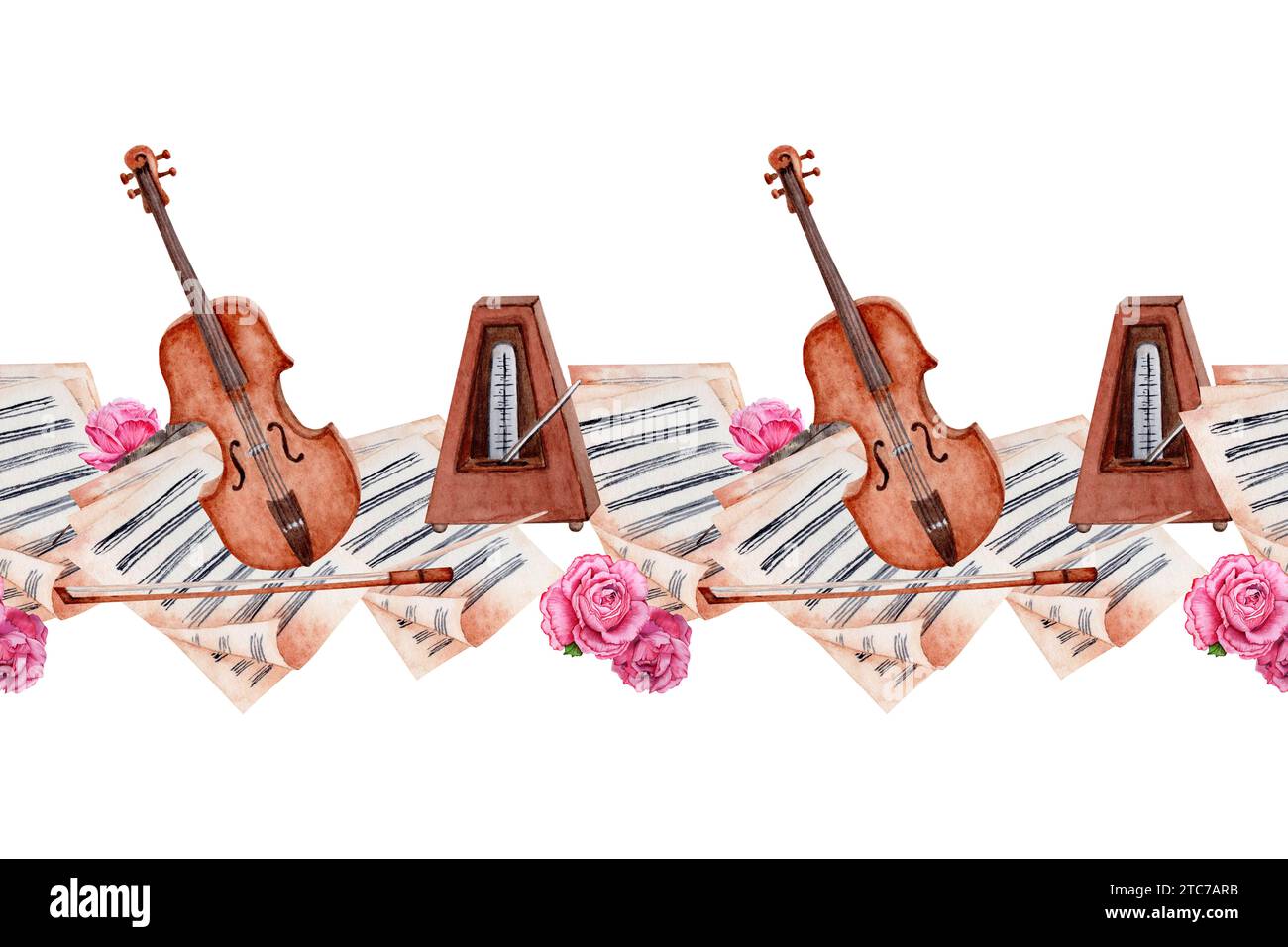 Design de bannière sans couture. Violon, arc, métronome, partitions pages décorées avec des compositions de fleurs de souci. Illustration à l'aquarelle dessinée à la main Banque D'Images