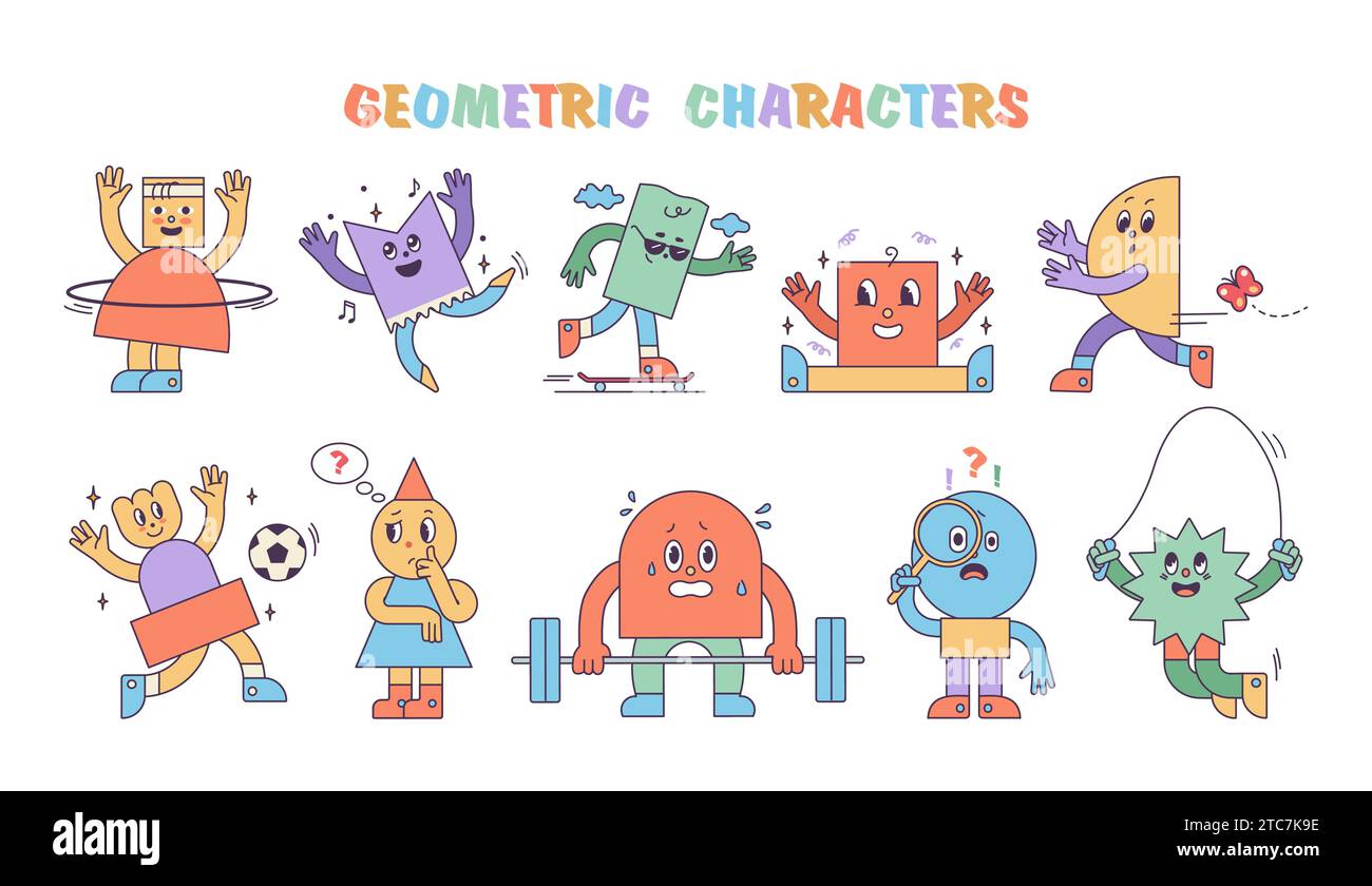 Expressions mignonnes. Visage d'enfant de sport, personnages géométriques avec les mains et les jambes, poignée de main et gestes agitant, formes colorées faisant le fitness, jouer fo Illustration de Vecteur