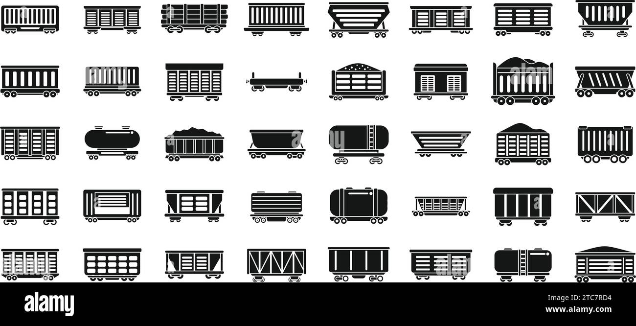 Les icônes de wagons de fret de train définissent le vecteur simple. Côté diesel. Cargo automobile de locomotive Illustration de Vecteur