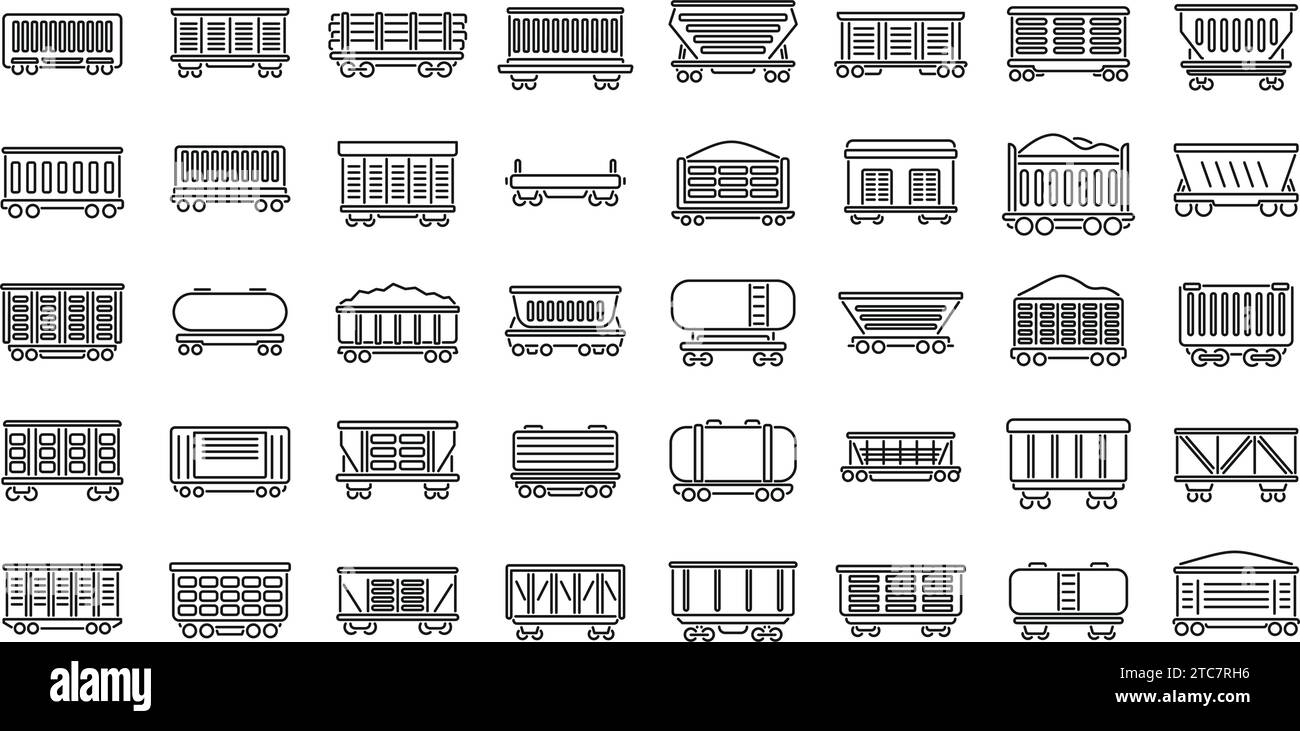 Les icônes de wagons de fret de train définissent le vecteur de contour. Côté diesel. Cargo automobile de locomotive Illustration de Vecteur