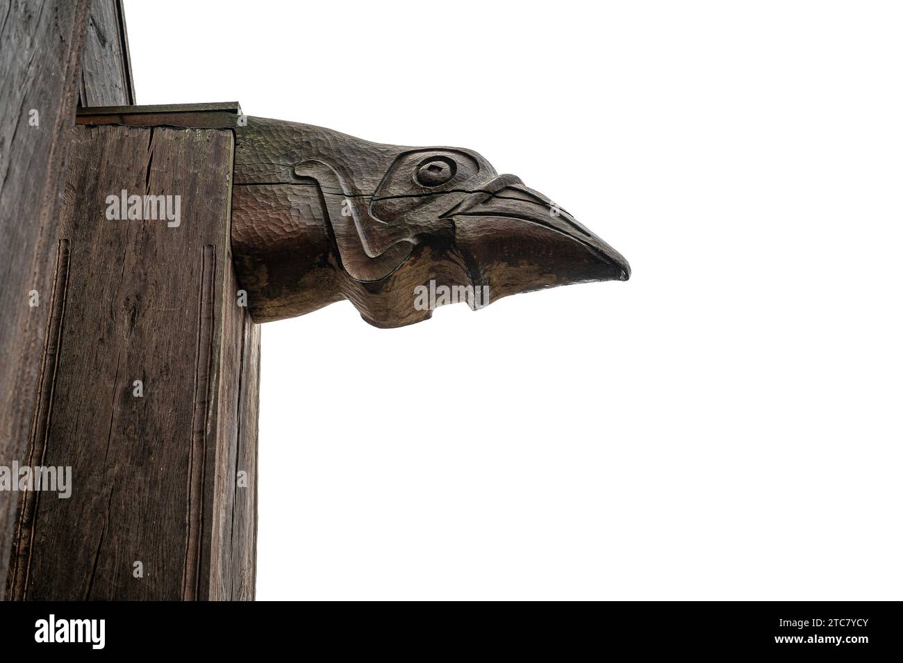 Oiseau fantastique, artisanat viking sur la salle royale à Lejre terre des légendes, Danemark, 10 décembre 2023 Banque D'Images
