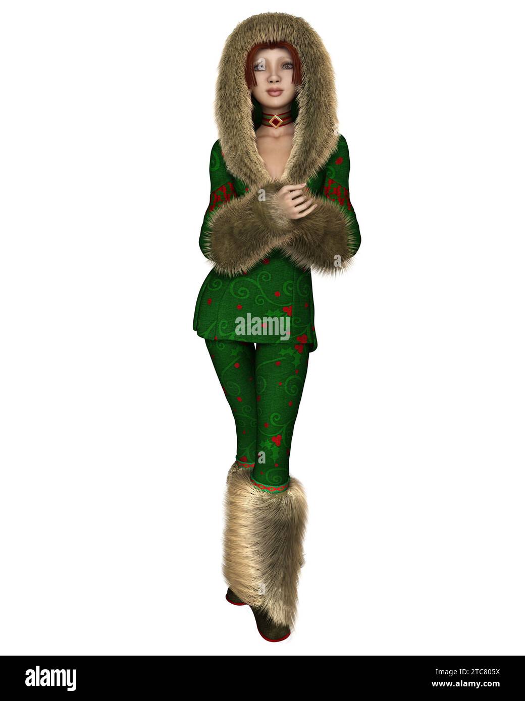 Fille Elf de Noël en vert et rouge Holly Outfit Banque D'Images