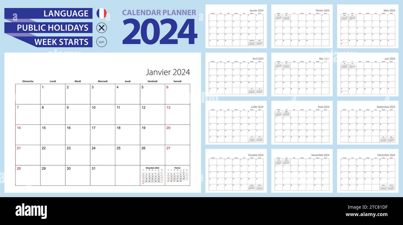 Planificateur de calendrier français pour 2024. Langue française, la semaine commence à partir du dimanche. Modèle vectoriel. Illustration de Vecteur