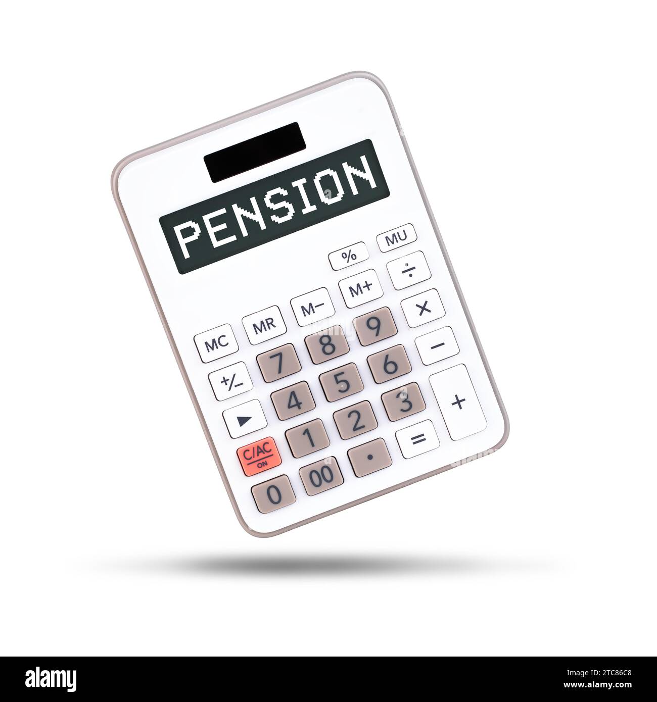 Calculez votre concept de pension sur calculatrice blanche isolée sur fond blanc sans affichage Banque D'Images