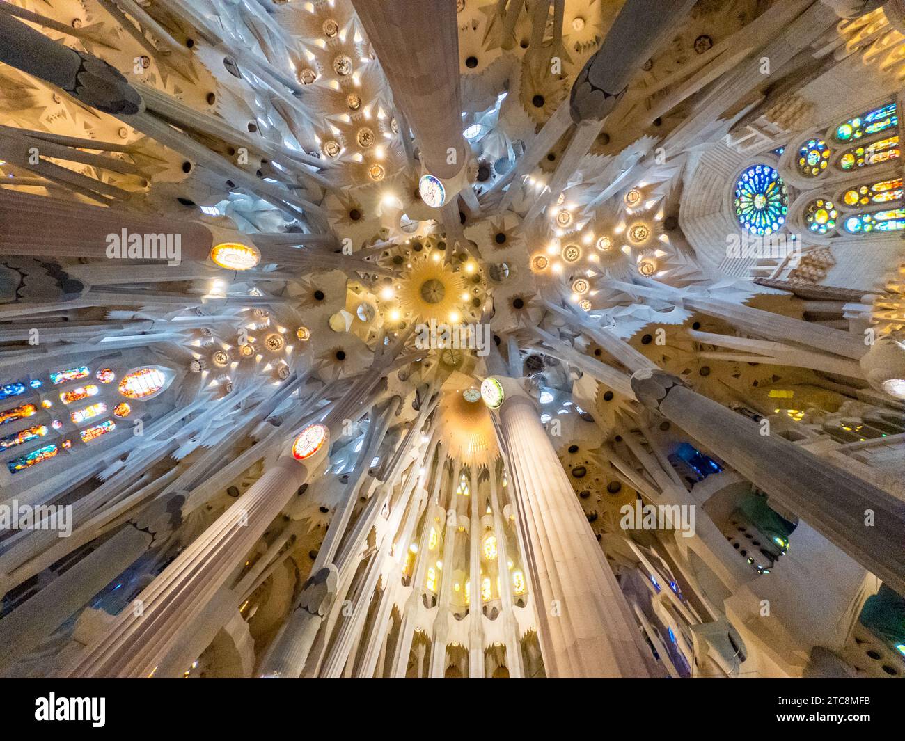 La lumière coule à travers les vitraux de la basilique de la Sagrada Familia conçus par Antoni Gaudí and Banque D'Images