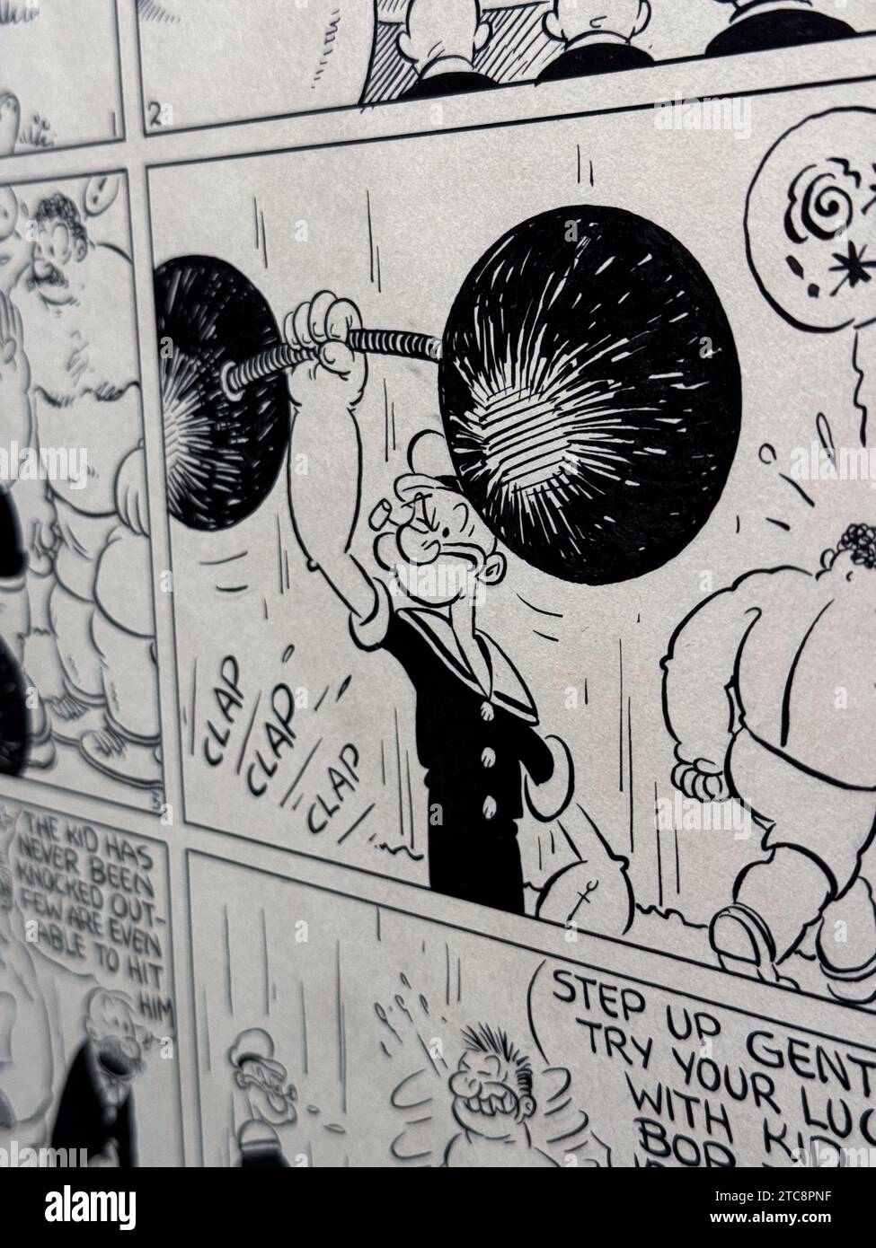 Popeye de Elzie Crisler Segar. L'exposition "Comic, Dreams and History" au CaixaForum propose une visite de quelques-unes des meilleures bandes dessinées de l'histoire et du DEL Banque D'Images