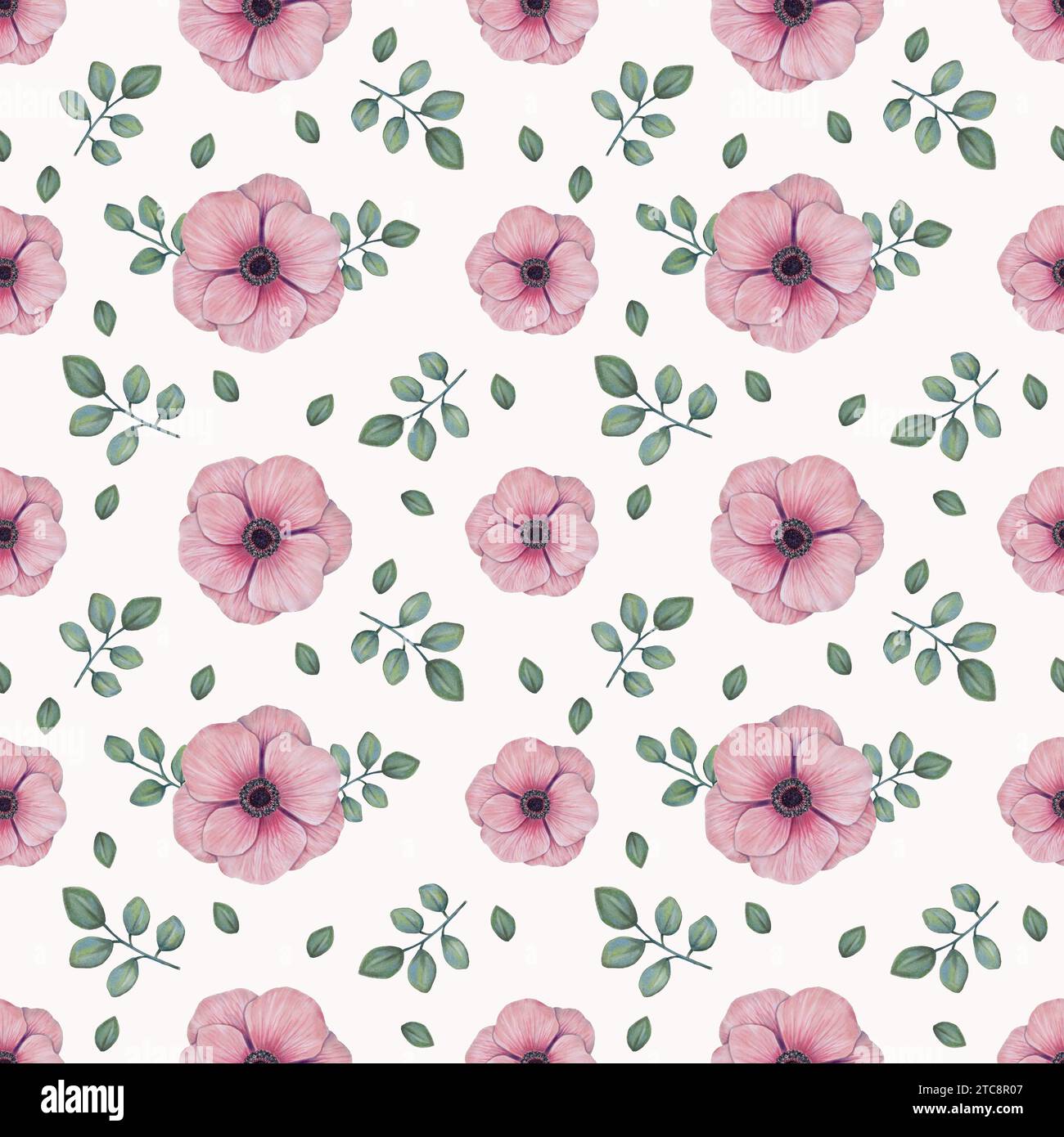 Modèle sans couture avec des fleurs d'anémone.fond botanique de fleurs roses douces avec des feuilles.Aquarelle illustration.papier peint pour tissu, impression ou Banque D'Images