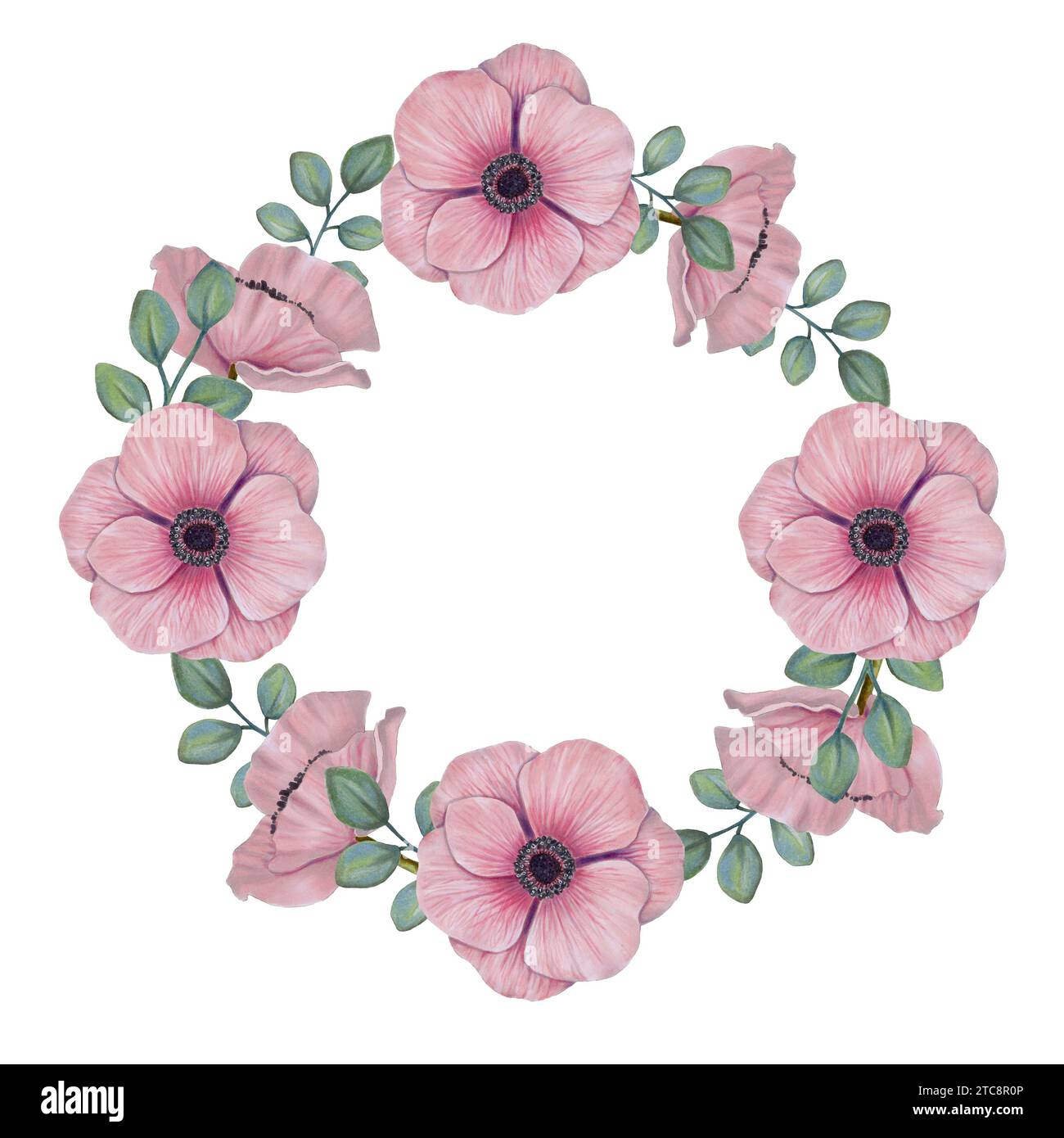 Cadre rond d'anémone.couronne botanique de fleurs roses douces avec des feuilles.marqueur et aquarelle illustration.Valentin bordure de cercle romantique pour Banque D'Images