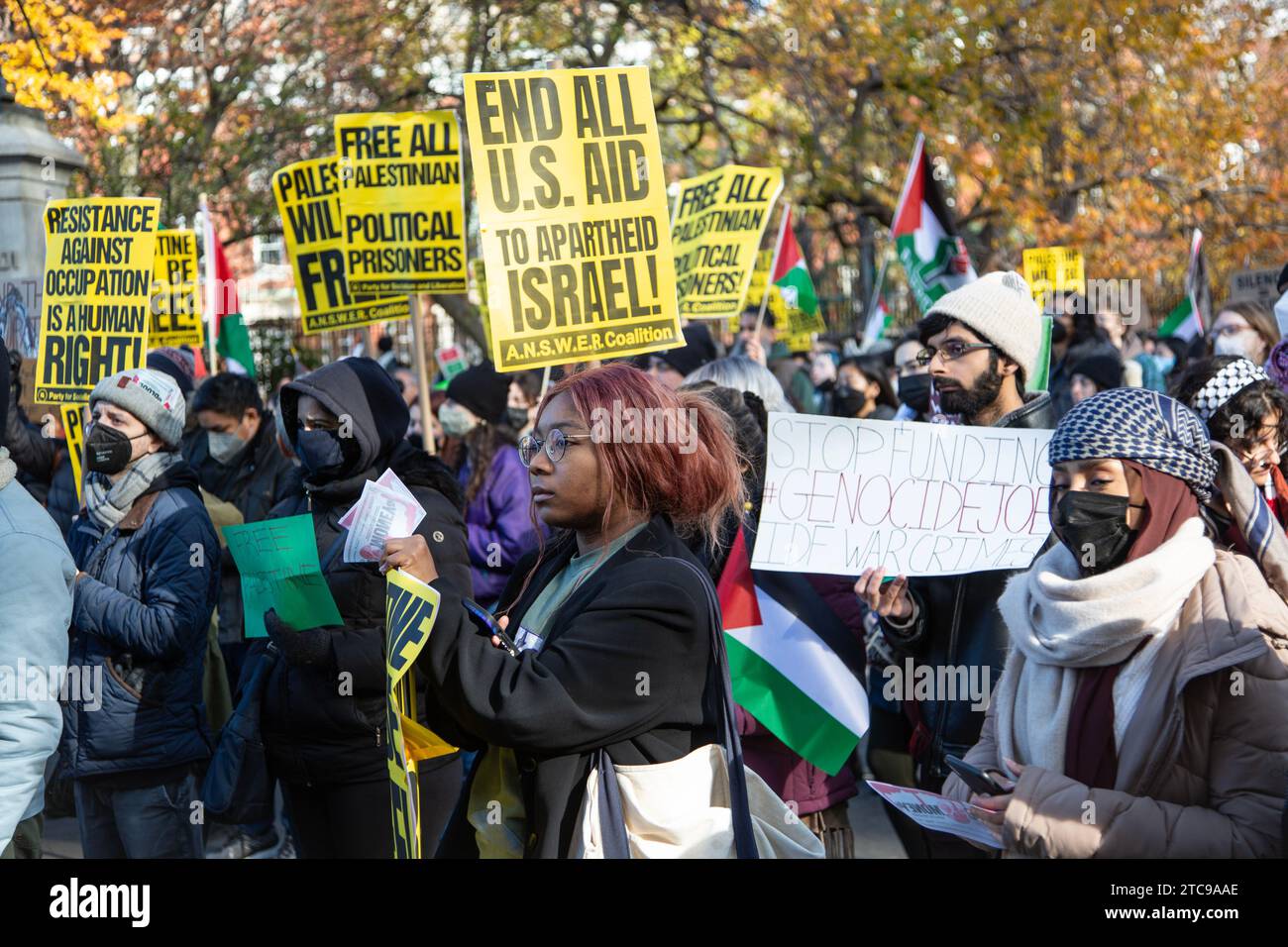 Rassemblement pro-palestinien organisé le Black Friday à New York pour protester contre le soutien et la complicité des États-Unis avec Israël dans le bombardement de Gaza, tuant aveuglément des milliers de civils après l’attaque du Hamas contre Israël le 7 octobre 2023. Banque D'Images