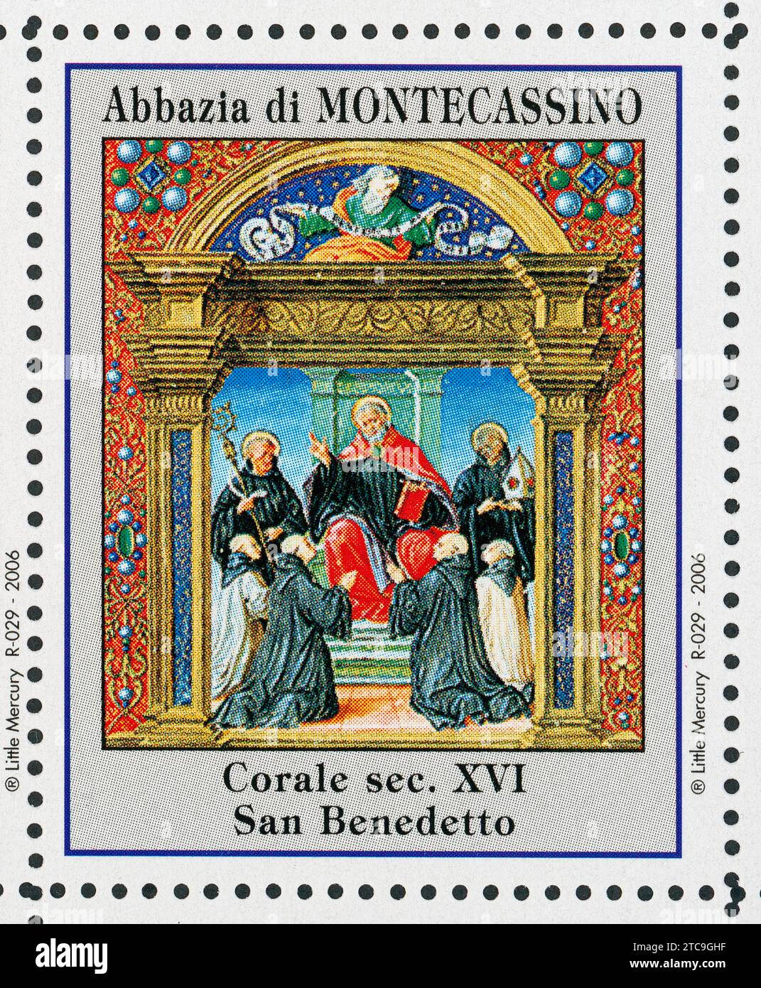 Saint Benoît de Nursie. Abbaye de Montecassino timbres. chœur du 16e siècle. Banque D'Images