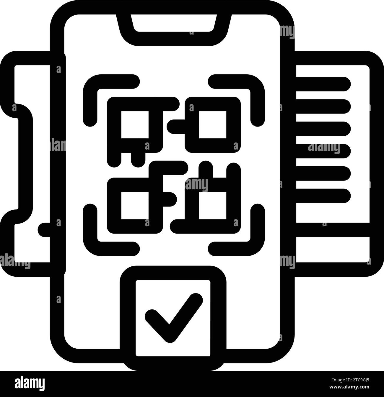 Vecteur de contour d'icône de code QR d'embarquement de numérisation. Contrôle du billet d'avion en ligne. Scanner de passes de vérification Illustration de Vecteur