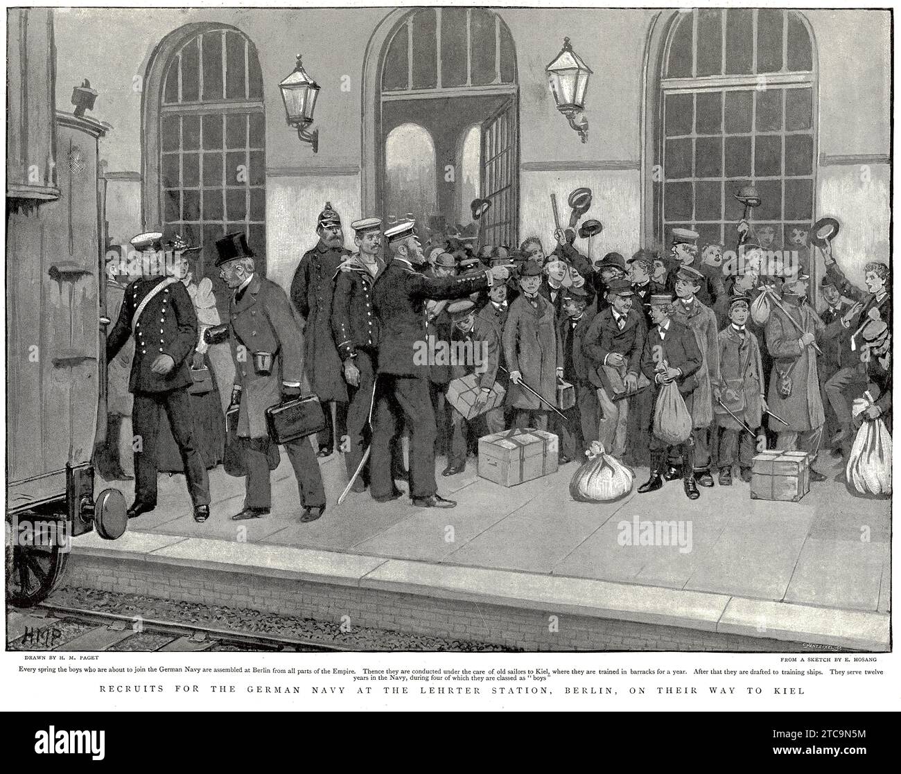 Recrues pour la marine allemande à la station Lehrter à Berlin, en route pour Kiel, du magazine Graphic, 1896. Banque D'Images