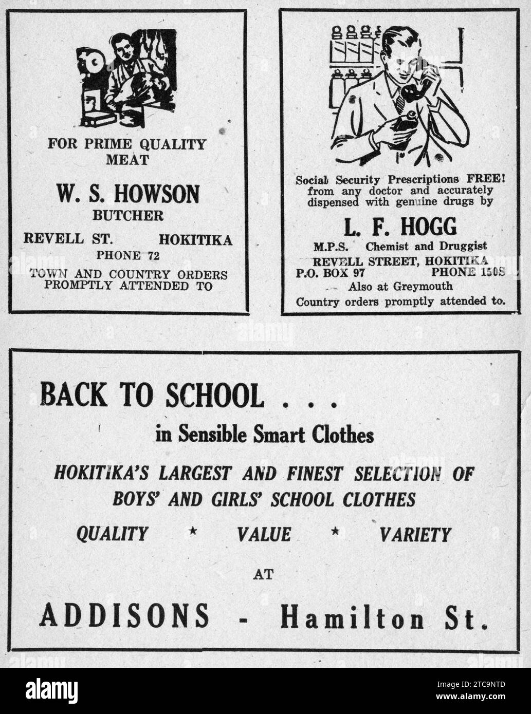 Annonces sur un cahier d'exercices scolaires imprimé à Hokitika, Nouvelle-Zélande, vers 1930 Banque D'Images