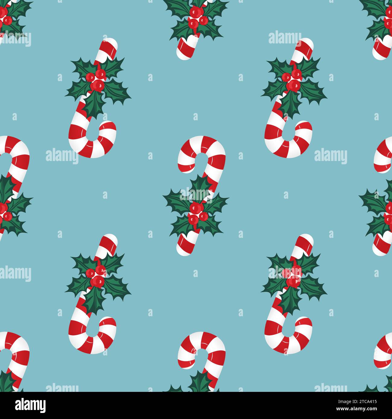 Baies rouges de houx, bonbons rayés de Noël sur un fond bleu. Motif sans couture de Noël. Illustration vectorielle. Illustration de Vecteur