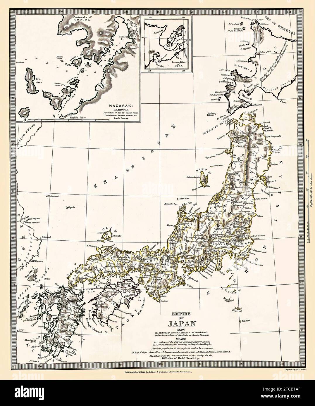 Empire du Japon ancienne carte ancienne reproduction restaurée datée de 1835 comprend l'encart du port de Nagasaki. La carte comprend des données démographiques et d'autres informations intéressantes. Banque D'Images