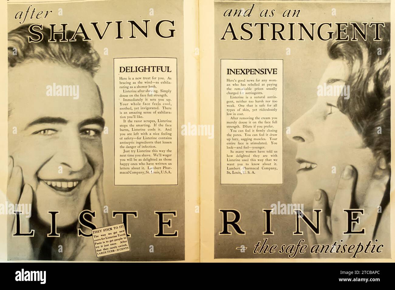 1927 Listerine anstiseptic ad. LISTERINE crème après rasage, listerine astringent ADS Banque D'Images