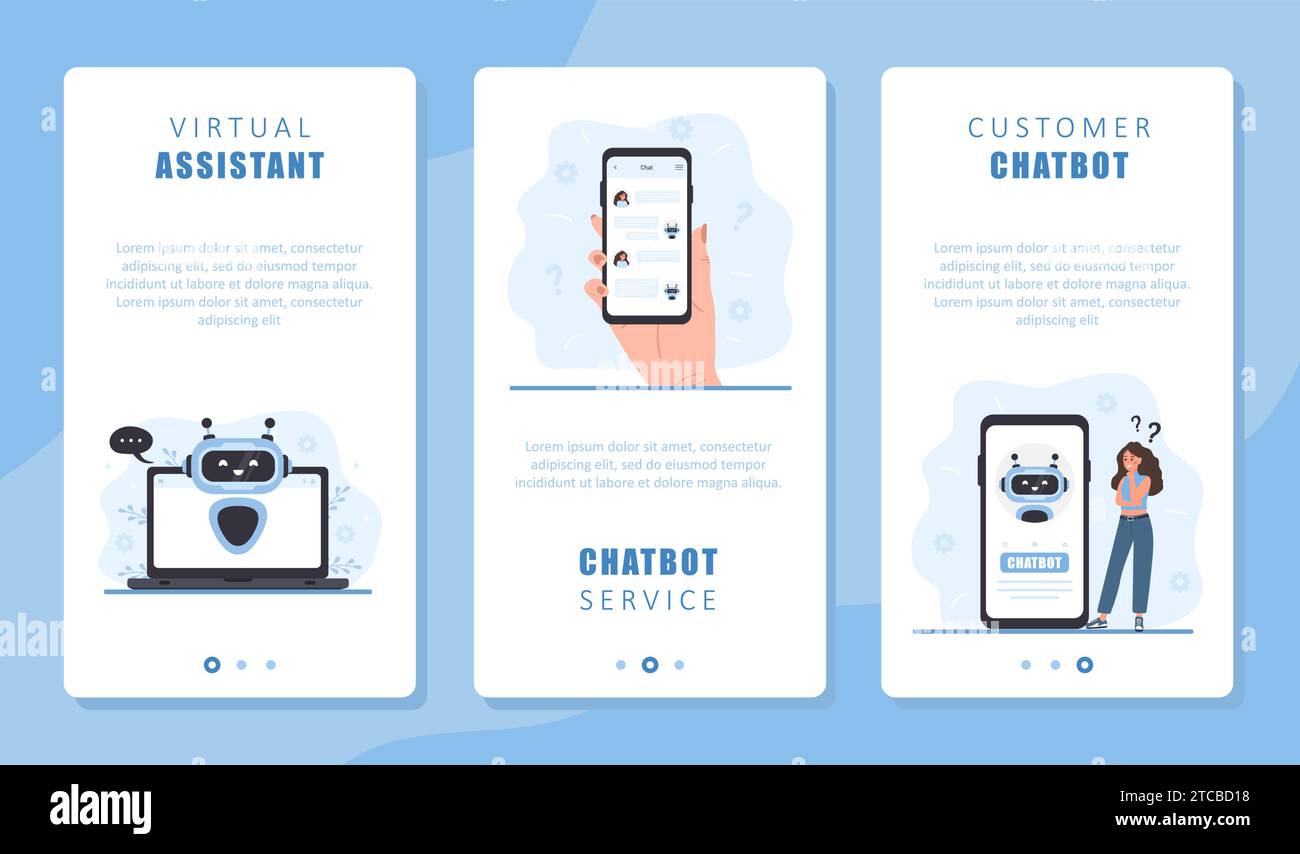 Ensemble de services Chatbot. Arrière-plans mobiles. Femme parlant avec robot. Assistant IA. Assistance clientèle en ligne. Intelligence artificielle. Illustration vectorielle Illustration de Vecteur