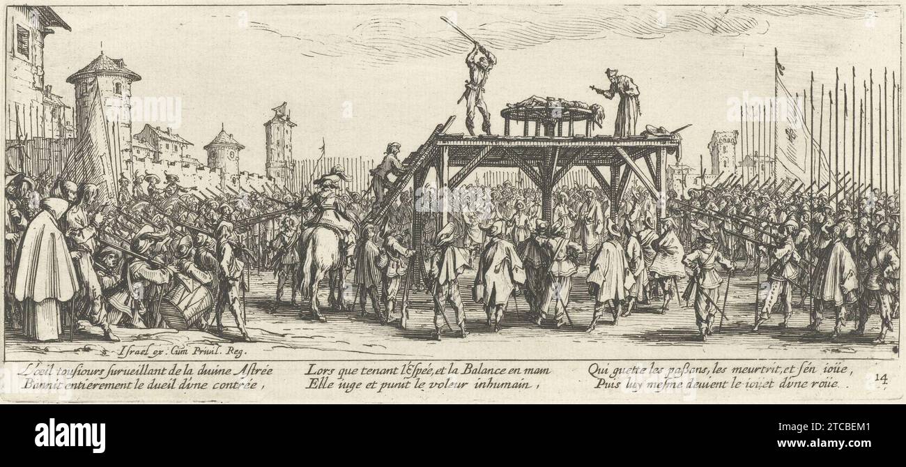 Roue des misères et malheurs de la guerre par Jacques Callot. Banque D'Images