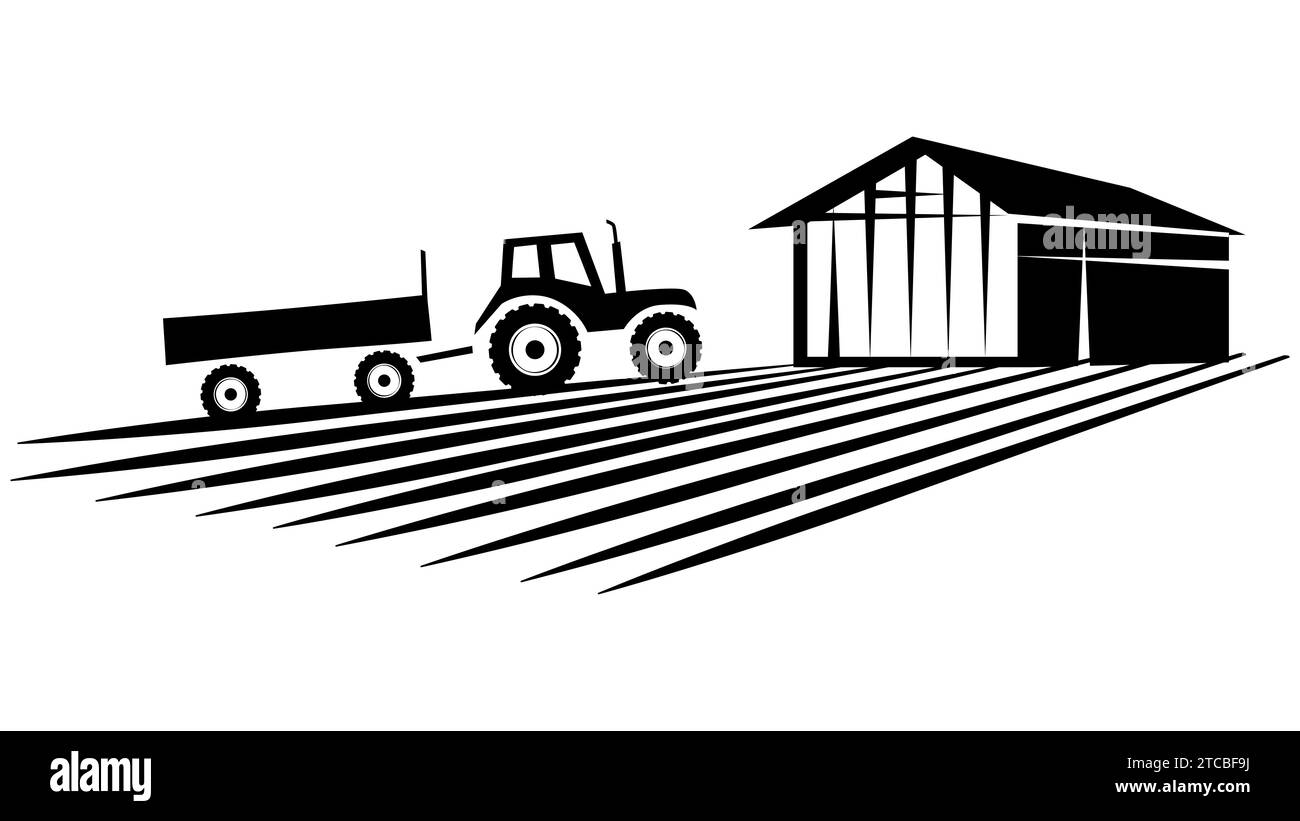Scène de silhouette de la vie agricole avec grange et tracteur isolé sur fond blanc. Vecteur clipart rural. Illustration de Vecteur