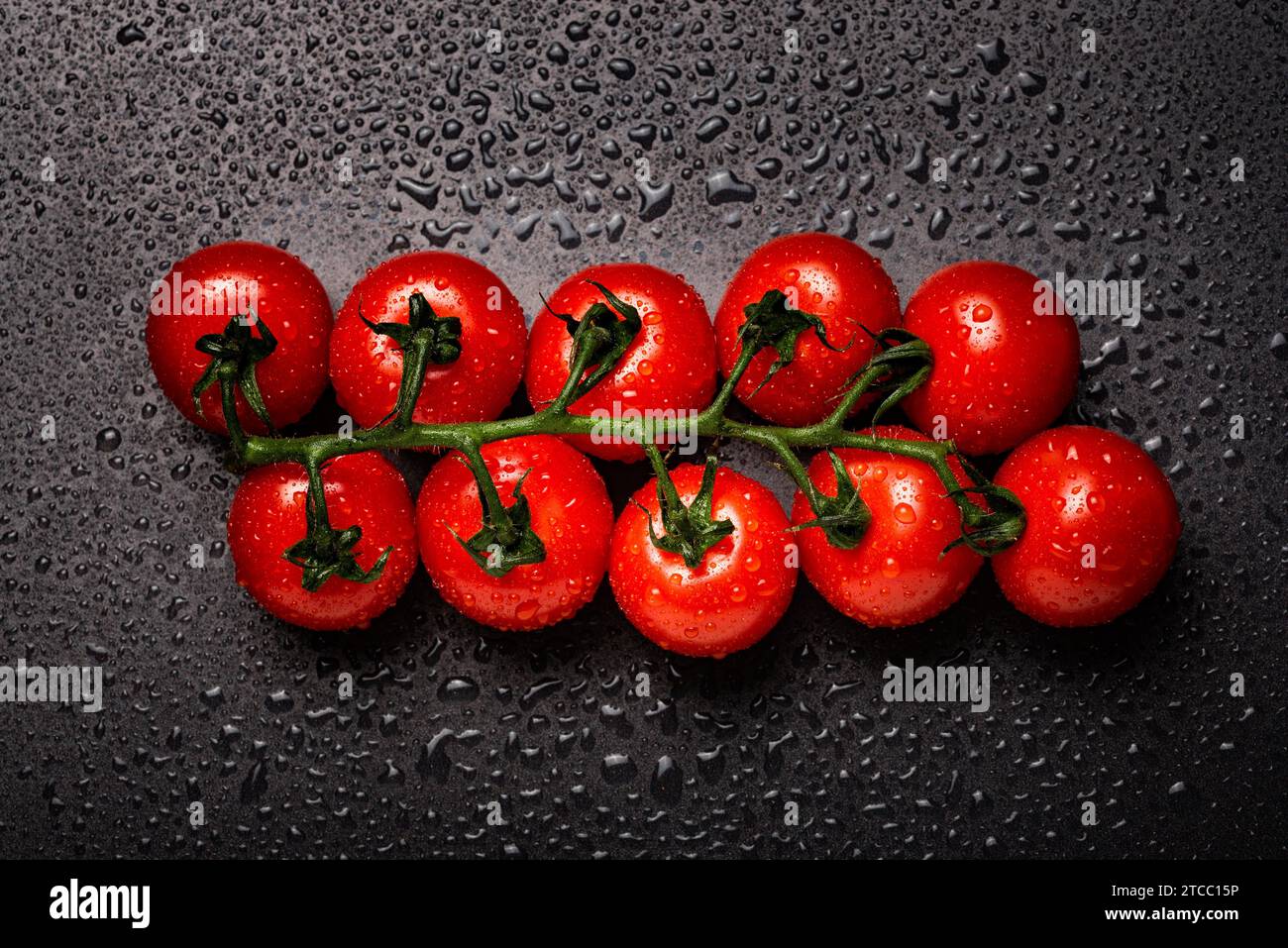 Tomates cerises rouges sur une vigne isolée sur un fond noir humide. Warer tombe sur le noir Banque D'Images