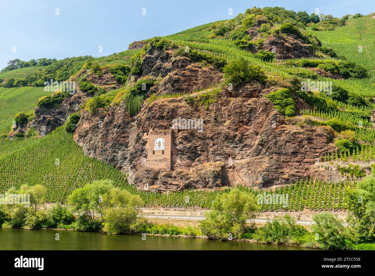 Moselle près de Zeltingen-Rachtig et la montagne avec ses vignobles, Ardoise Roches et cadran solaire Banque D'Images