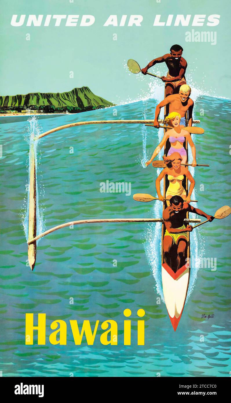 Affiche de voyage vintage - United Air Lines - Hawaï, années 1960 Banque D'Images