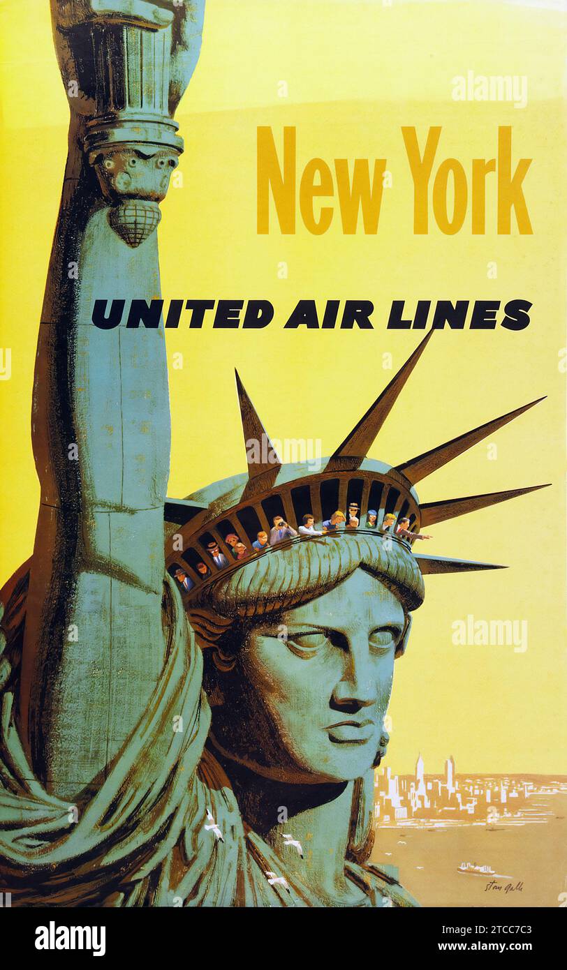 Affiche de voyage vintage - United Air Lines New York Advertising Poster (United Airlines, début des années 1960) Statue de la liberté Banque D'Images