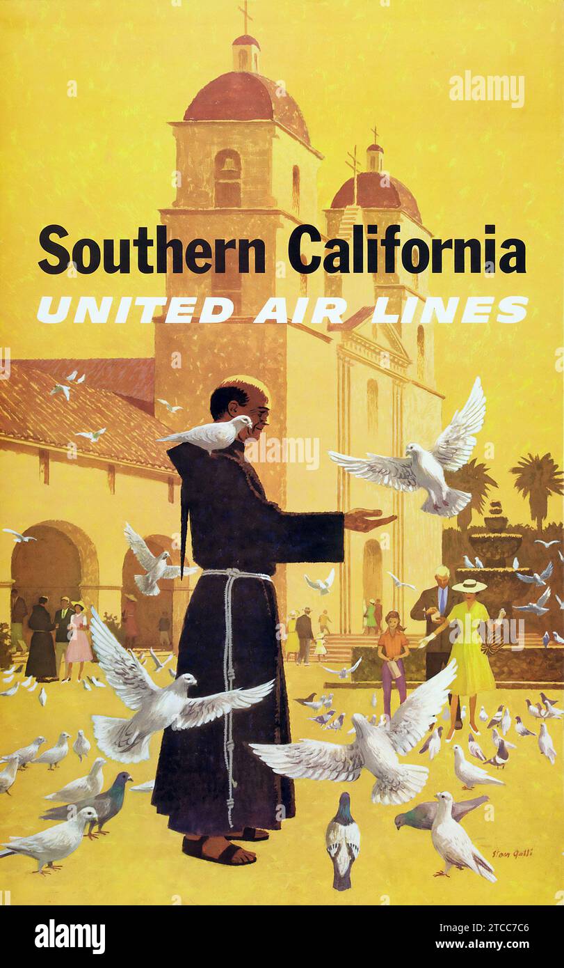 Affiche de voyage vintage - United Airlines Publicité Southern California Poster (début des années 1960) Un moine nourrissant des pigeons. Banque D'Images