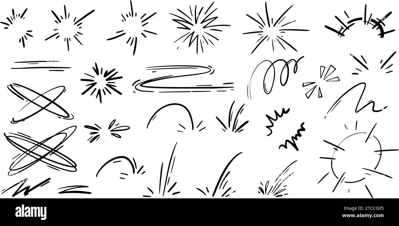 Effets de lignes de dessin animé et étincelles. Vecteur comique doodle dessiné à la main éclaboussures éclatent et des éléments d'explosion. Esquisse de mouvement de rampe et de bang. Illustration de Vecteur