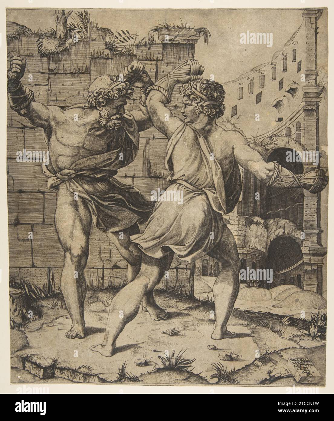 Entellus et ose se battre devant les ruines classiques 1917 par Marco Dente Banque D'Images