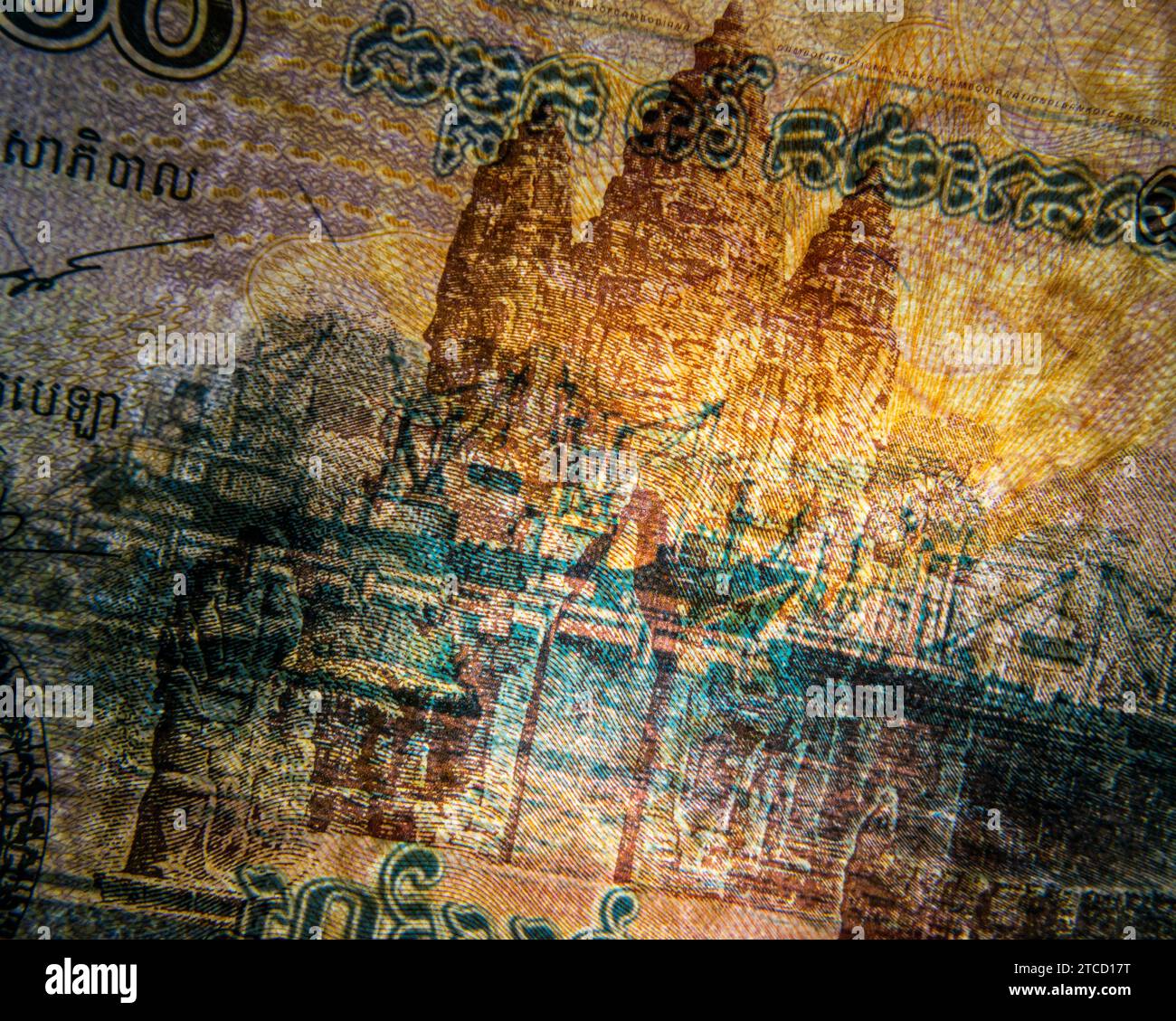 Gros plan macro d'un billet de monnaie papier, avec divers éléments de la conception Banque D'Images