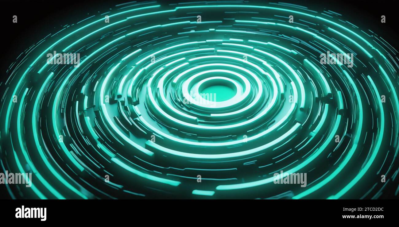 Une image abstraite présentant des lignes circulaires dans l'obscurité avec une lumière verte brillante émanant d'eux Banque D'Images