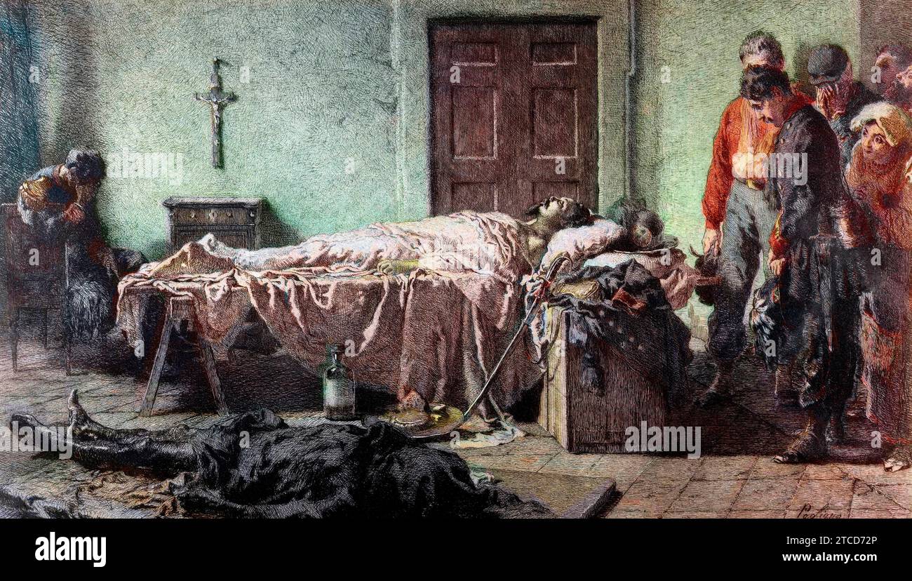 Le corps de Luciano Manara visité par les soldats à Rome - Risorgimento : veillée funéraire près du corps de Luciano Manara (1825-1849), mort dans les combats à Villa Spada pendant la défense de la République romaine le 30/06/1849' gravure d'après la peinture d'Eleuterio Pagliano (1826-1903) Banque D'Images