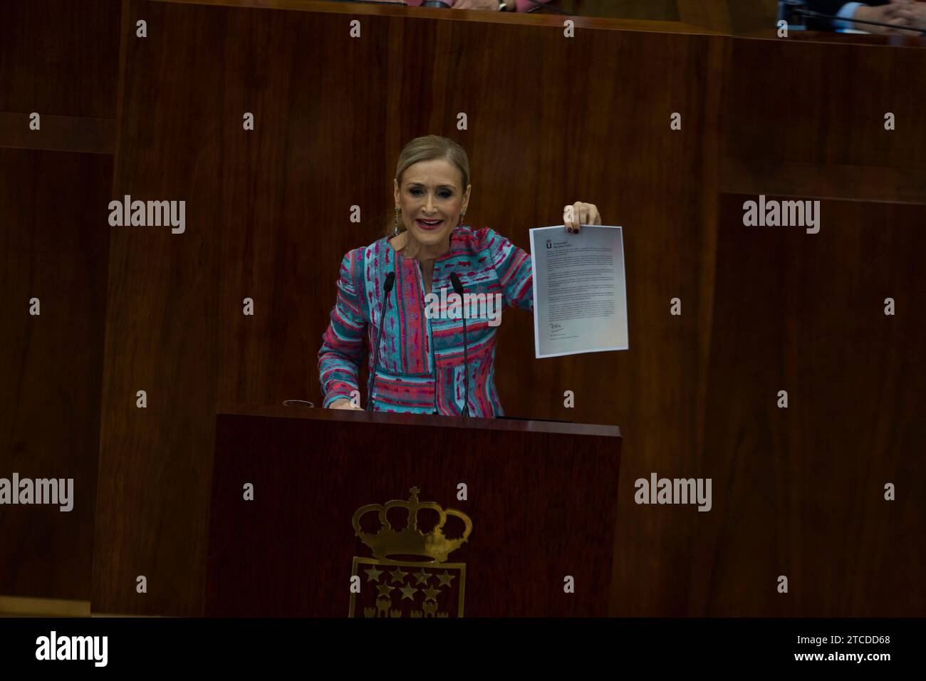Madrid, 04/04/2018. Session plénière de l'Assemblée de Madrid où la présidente, Cristina Cifuentes, défendra son innocence concernant son diplôme de master à l'Université Juan Carlos I. Photo : Ángel de Antonio. ARCHDC. Crédit : Album / Archivo ABC / Ángel de Antonio Banque D'Images