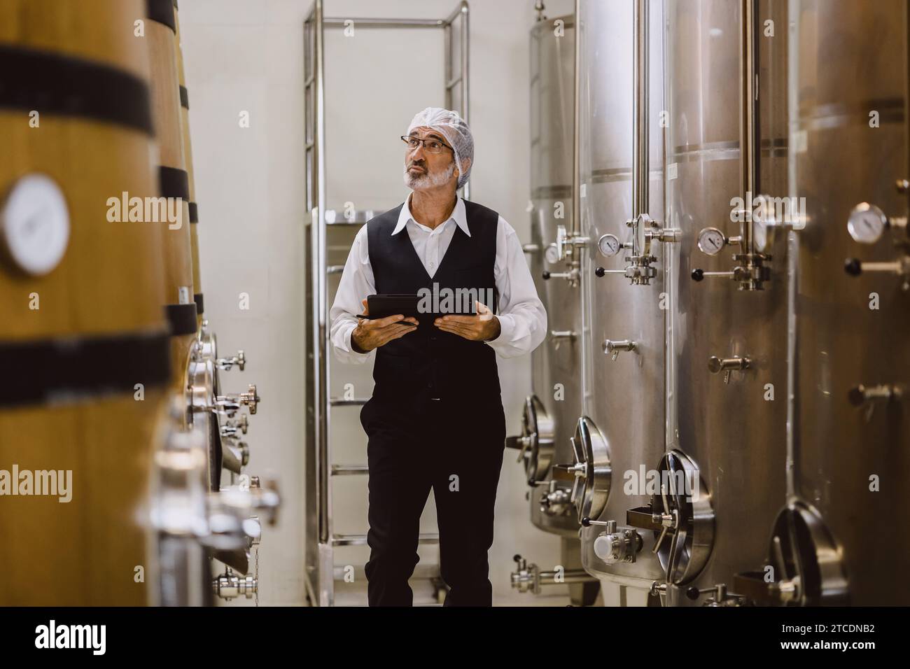 Viticulteur professionnel travaillant dans une grande usine de vinification moderne alcool alcool alcool industrie du contrôle de la qualité et de la fermentation surveillent la couleur vintage à Banque D'Images