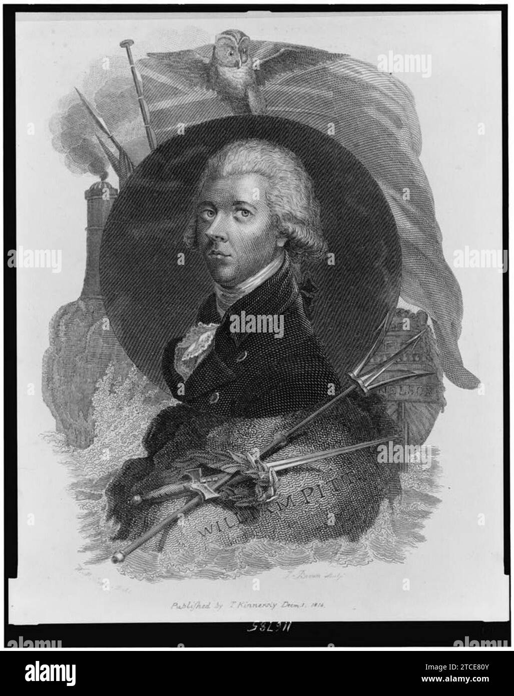 William Pitt, portrait tête et épaules, en disque superposé au drapeau avec hibou, navire (Nelson), rocher avec épée, brochet et couronne de Laurier, et tour sur roche) - W.M. Craig, del. ; T. Brown, Banque D'Images