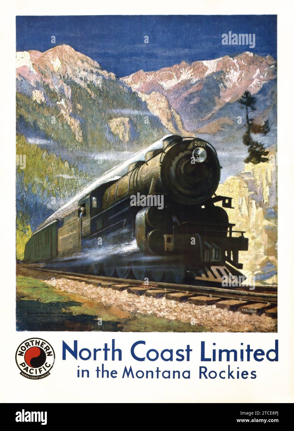 Train à vapeur - North Coast Limited in the Montana Rockies - Northern Pacific, Vintage American Travel Poster feat a Steam Locomotive in full speed, 1920 - Krollmann artwork Banque D'Images