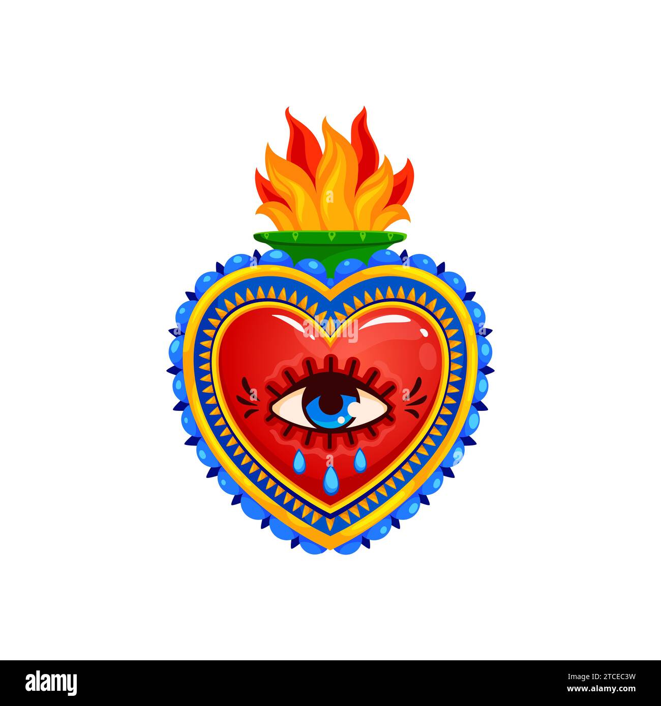 Cœur sacré mexicain, flamme brûlante et oeil pleurant, tatouage vectoriel ou symbole de religion. Sacré cœur avec des larmes ou Corazon Milagro, religion catholique mexicaine signe de Jésus Dieu amour et miracle divin Illustration de Vecteur