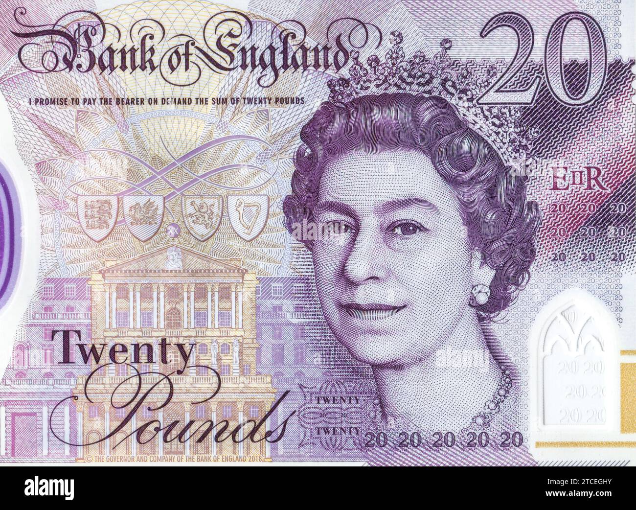 Partie de 20 livres sterling avec la reine Elizabeth II, gros plan Banque D'Images